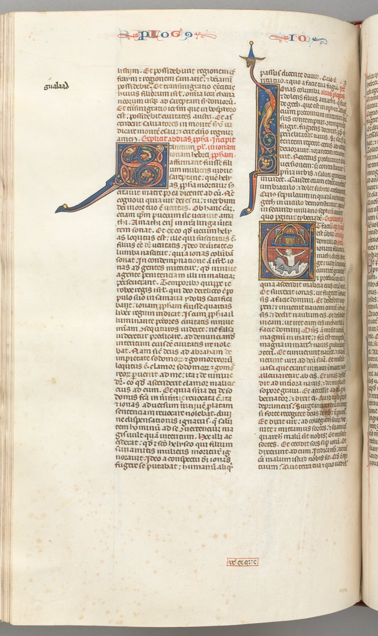 Fol. 357v, Jonah, historisk initial E, Jonas slugt af hvalen, en by med mure ovenover, ca. 1275- af Unbekannt