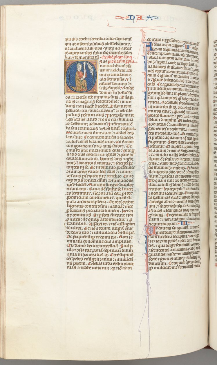 Fol. 360v, Nahum, historisk initial O, Nahum knælende med en rulle, gudebuste ovenover, ca. 1275-13 af Unbekannt