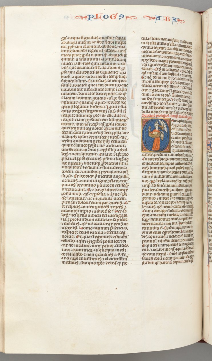 Fol. 361v, Habbakuk, historisk initial O, Habbakuk holder en kurv og to sten..., ca. 1275-130 af Unbekannt