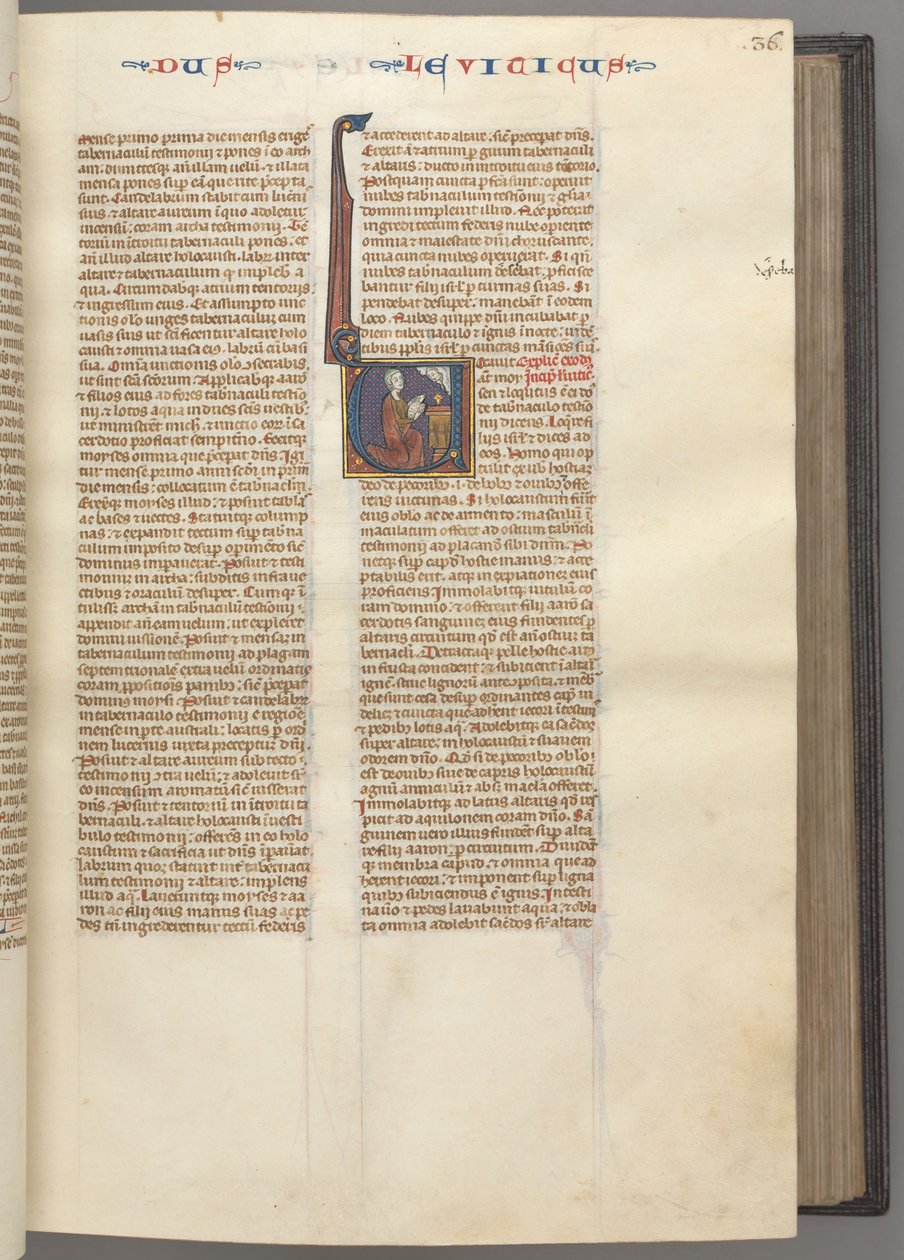 Fol. 36r, Tredje Mosebog, historisk initial V, Moses ofrer et offerlam på et alter, ca. 1275-1 af Unbekannt