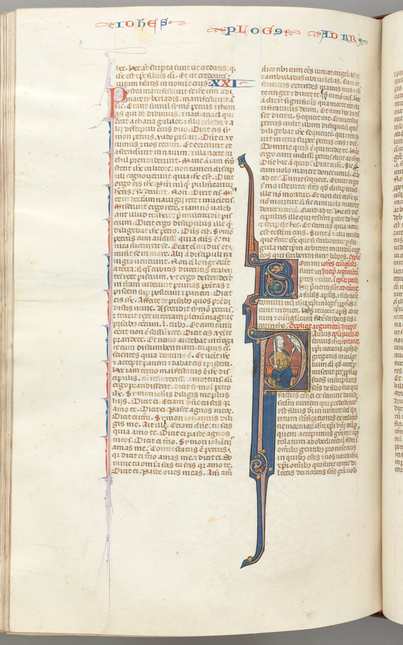 Fol. 435v, Romerbrevet, historisk initial P, Paulus siddende med et sværd og talte til Guds buste..., ca. af Unbekannt