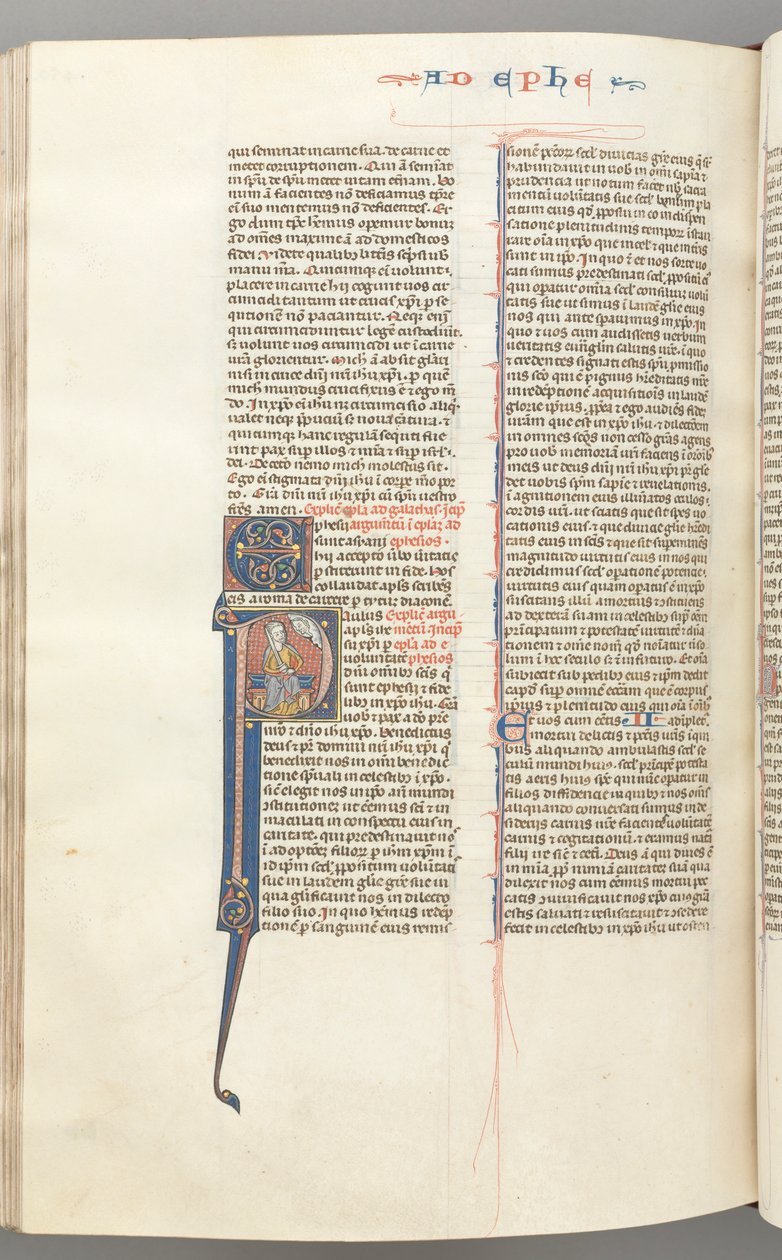 Fol. 450v, Efeserbrevet, historisk initial P, Paulus siddende med et sværd, Guds buste ovenover, ca. 127 af Unbekannt