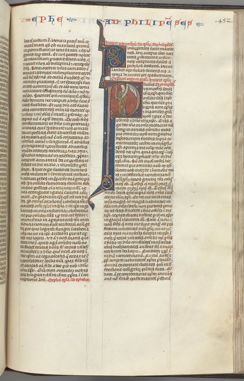Fol. 452r, Filipperne, historisk initial P, Paulus står med et sværd og en rulle og taler med t af Unbekannt