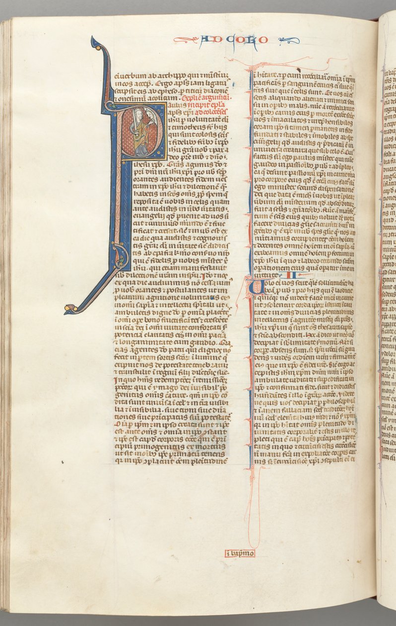 Fol. 453v, Kolossenserbrevet, historisk initial P, Paulus stående og taler til Guds buste ovenover, ca. 127 af Unbekannt