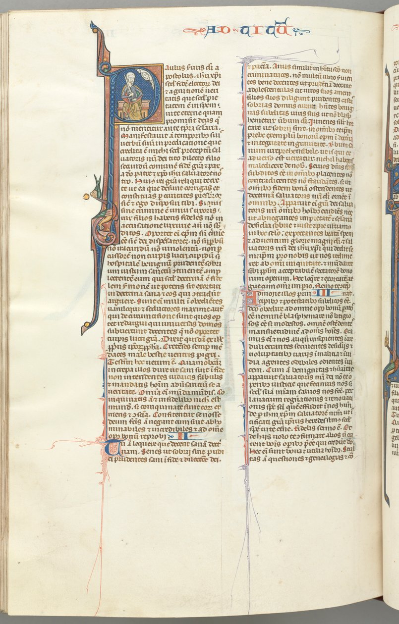 Fol. 458v, Titus, historisk initial P, Paulus siddende med et sværd, ca. 1275-1300. af Unbekannt
