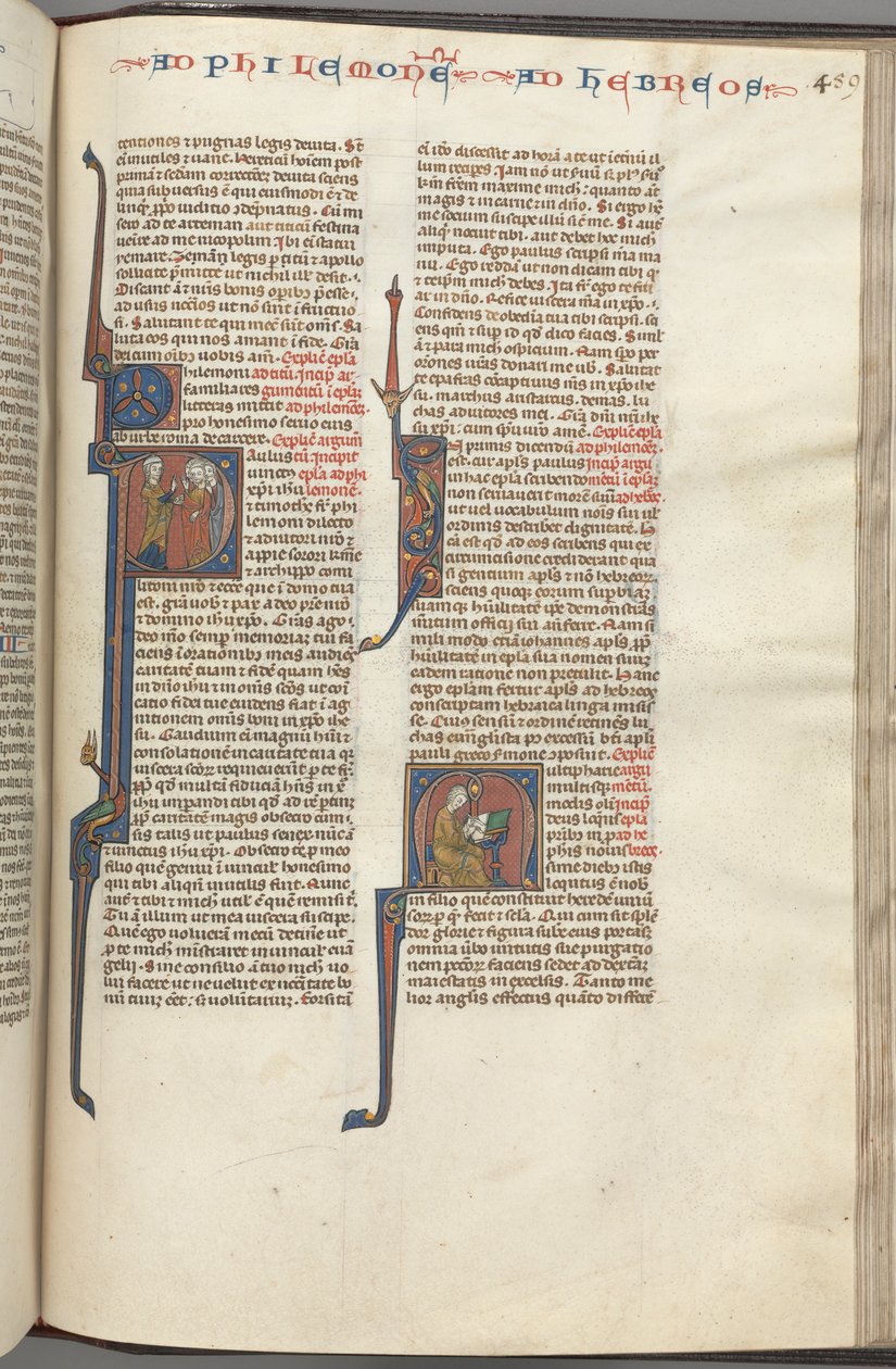 Fol. 459r, Filemon, historisk initial P, Paulus henvender sig til tre mænd og hebræere..., ca. 1275-1300. af Unbekannt