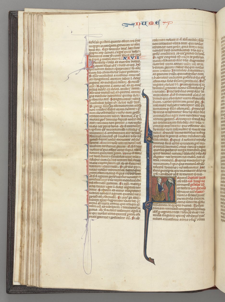 Fol. 46v, numre, historisk initial L, Moses med horn, knælende for Gud, ca. 1275-1300. af Unbekannt