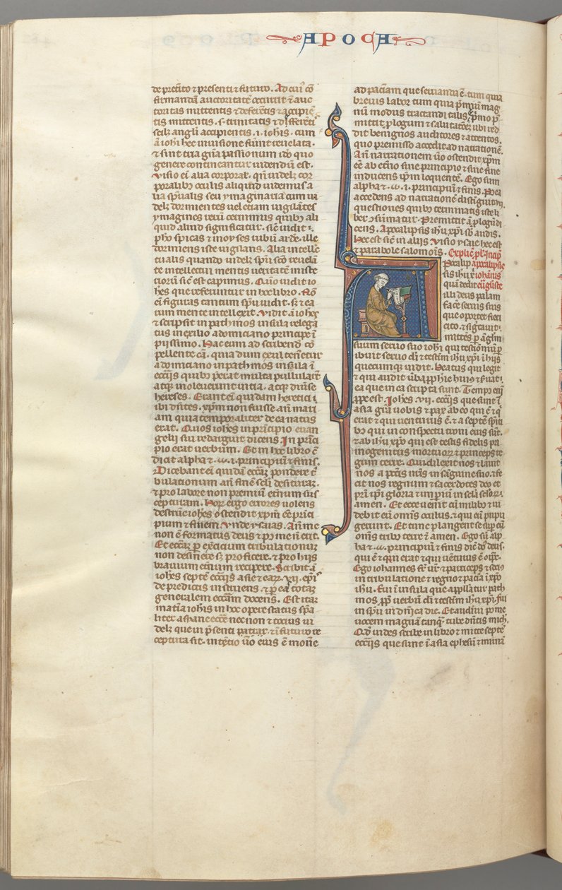 Fol. 482v, Revelations, historisk initial A, John siddende ved et skrivebord og skrev..., ca. 1275-1300. af Unbekannt