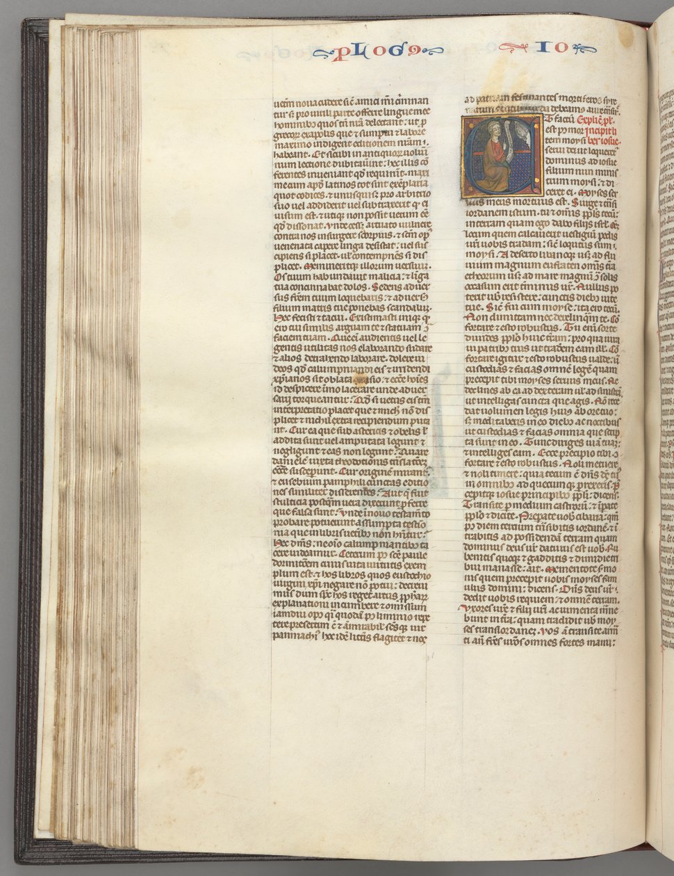 Fol. 76v, Joshua, historisk initial E, Joshua med en rulle, der knæler foran Gud, ca. 1275-1300. af Unbekannt