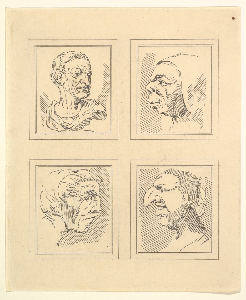 Fire hoveder fra Characaturas af Leonardo da Vinci, fra tegninger af Wincelslaus Hollar, o..., 1786. af Unbekannt