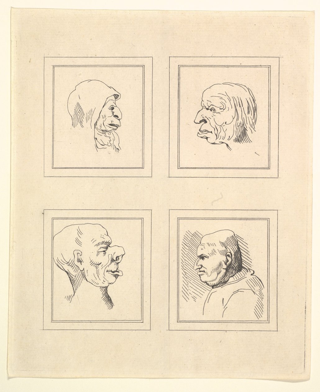 Fire hoveder fra Characaturas af Leonardo da Vinci, fra tegninger af Wincelslaus Hollar, o..., 1786. af Unbekannt