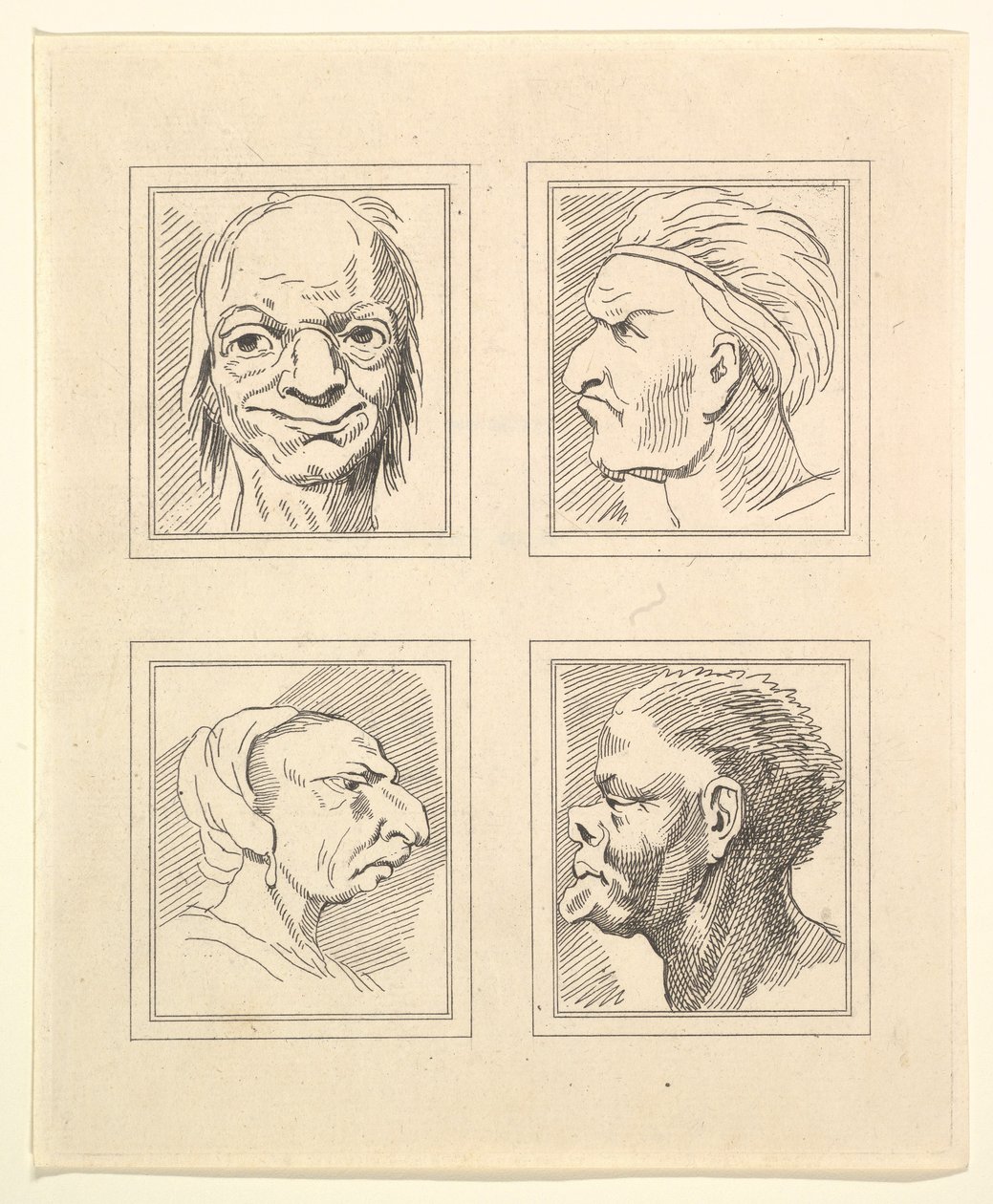 Fire hoveder fra Characaturas af Leonardo da Vinci, fra tegninger af Wincelslaus Hollar, o..., 1786. af Unbekannt