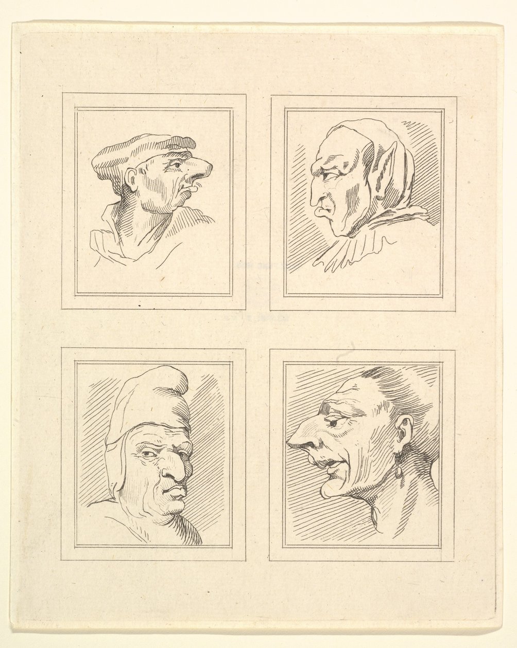 Fire hoveder fra Characaturas af Leonardo da Vinci, fra tegninger af Wincelslaus Hollar, o..., 1786. af Unbekannt