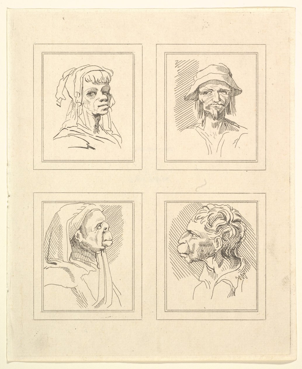 Fire hoveder fra Characaturas af Leonardo da Vinci, fra tegninger af Wincelslaus Hollar, o..., 1786. af Unbekannt