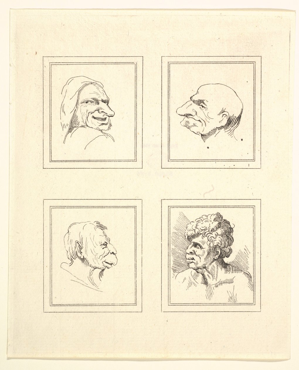 Fire hoveder fra Characaturas af Leonardo da Vinci, fra tegninger af Wincelslaus Hollar, o..., 1786. af Unbekannt
