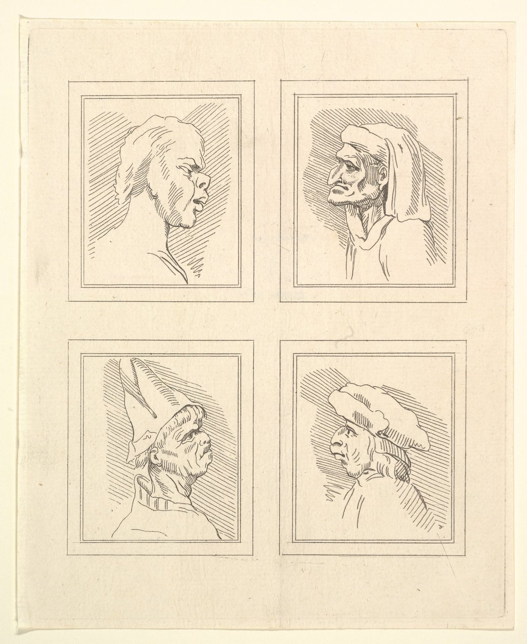 Fire hoveder fra Characaturas af Leonardo da Vinci, fra tegninger af Wincelslaus Hollar, o..., 1786. af Unbekannt