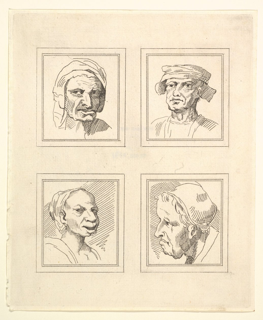 Fire hoveder fra Characaturas af Leonardo da Vinci, fra tegninger af Wincelslaus Hollar, o..., 1786. af Unbekannt