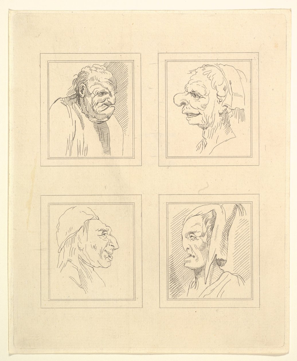 Fire hoveder fra Characaturas af Leonardo da Vinci, fra tegninger af Wincelslaus Hollar, o..., 1786. af Unbekannt