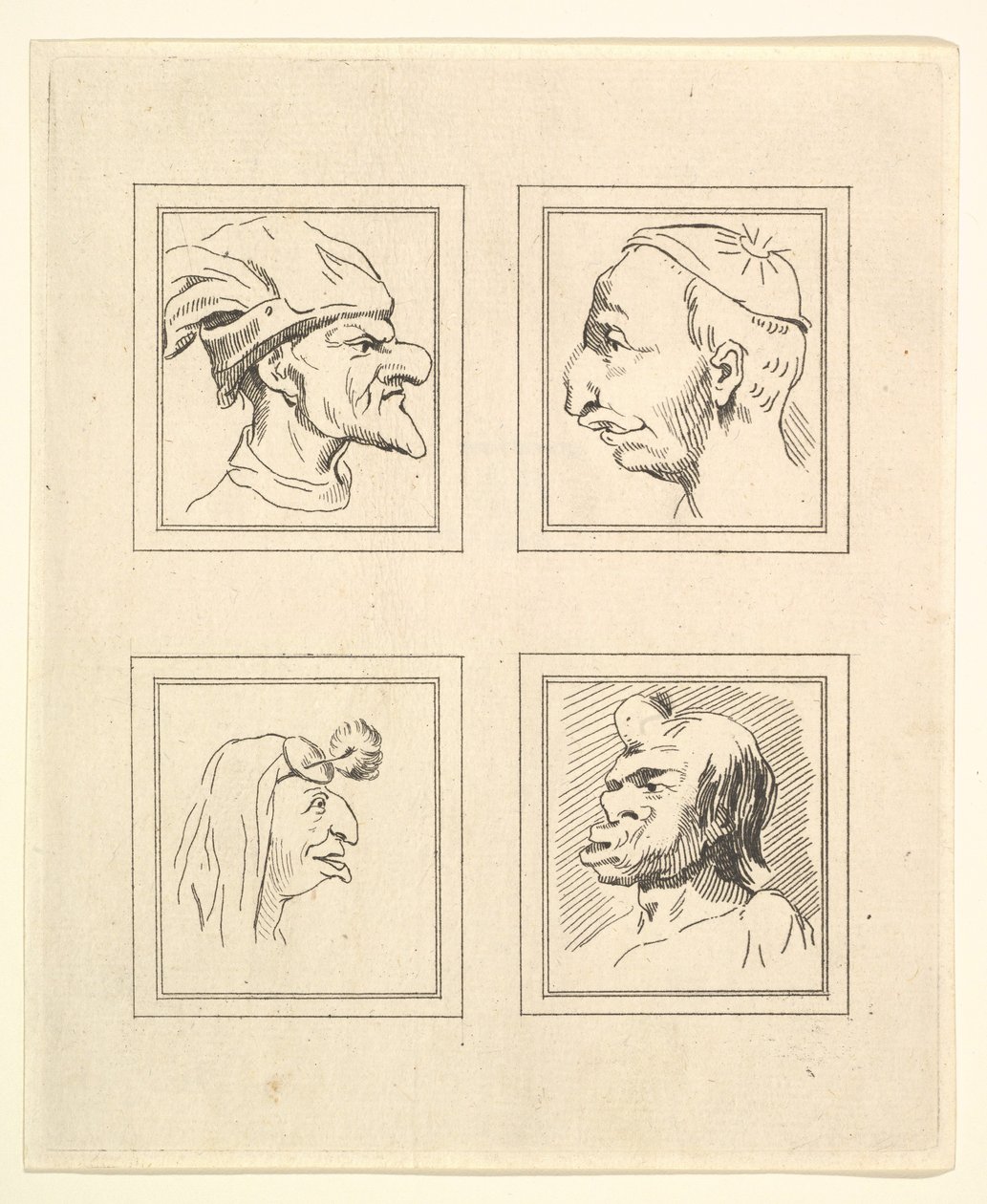 Four Heads from Characaturas by Leonardo da Vinci, from Drawings by Wincelslaus Hollar, o ..., 1786. dani af Unbekannt
