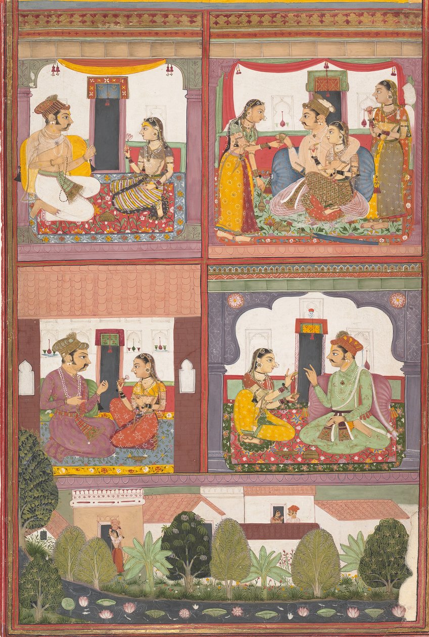 Fire kærlighedsscener og et landskab: Side fra en spredt Raskapriya, ca. 1700. af Unbekannt