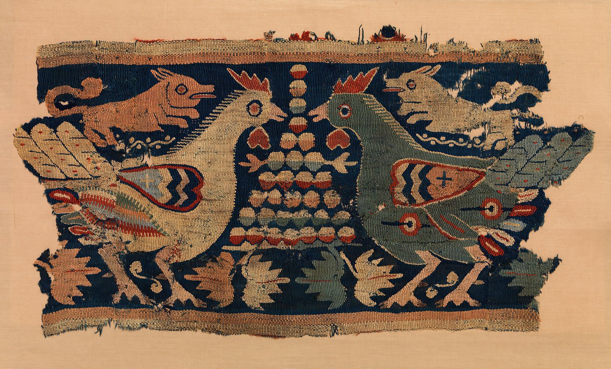 Fragment af vægophæng med konfronterede haner og løbende hunde, koptisk, 4.-6. århundrede. af Unbekannt