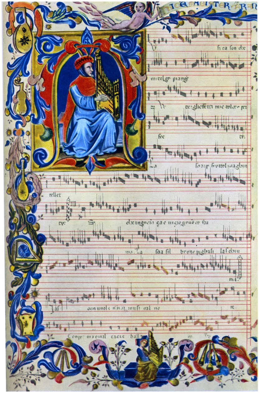 Francesco Landino spiller på et portativt orgel, 1325 - 1397 af Unbekannt