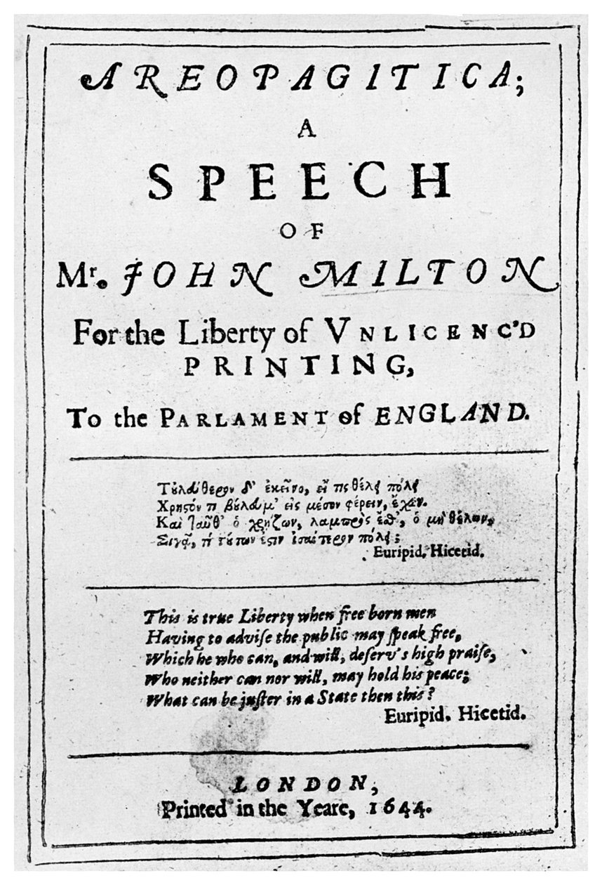 Pressefrihed: titelblad fra Areopagitica af John Milton, 1644 1956 af Unbekannt