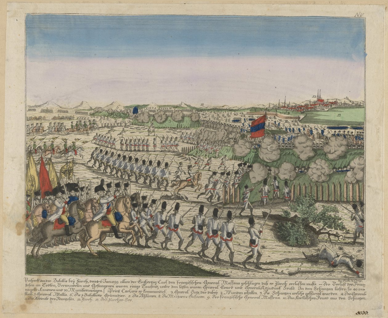 Franske og russiske tropper på Zürichberg-bakken i det første slag ved Zürich, ca. 1810 af Unbekannt