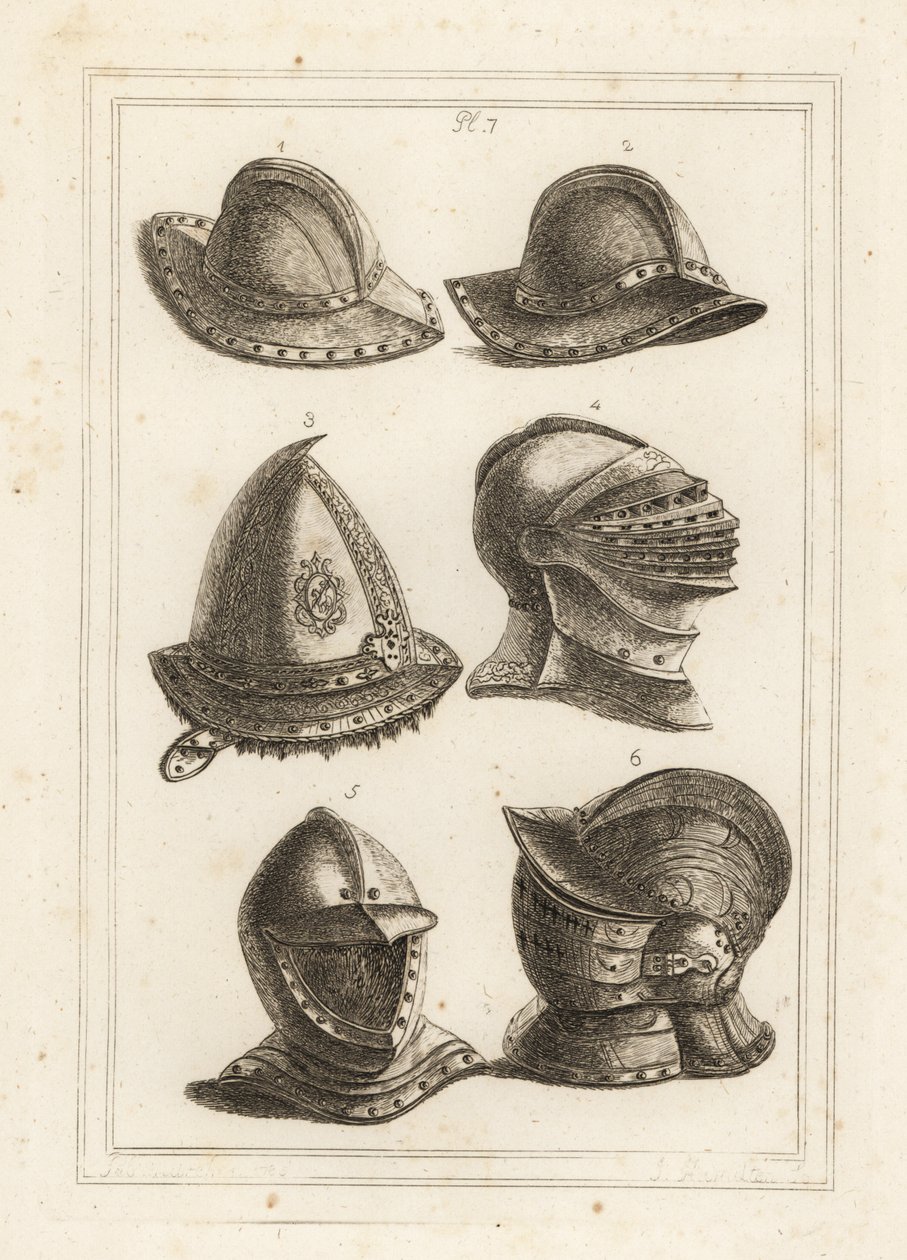 Fransk jerngrydehjelm 1,2, graveret stålhætte fra 1500-tallet 3, stor lys hjelm 4, åben hjelm 5, ornamenteret hjelm med visir 6 af Unbekannt