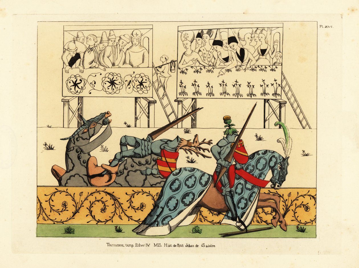 Den franske ridder Jean de Saintre i roret med tidselvåben besejrer den spanske ridder Enguerrant i roret med kronhjortens våbenskjold i en dyst fra manuskriptet Histoire de Petit Jehan de Saintre, slutningen af det 15. århundrede af Unbekannt