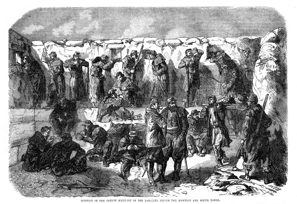 Fransk riffelgrav i parallellen før mamelon og det hvide tårn, Sevastopol, Krimkrigen, 1855 af Unbekannt