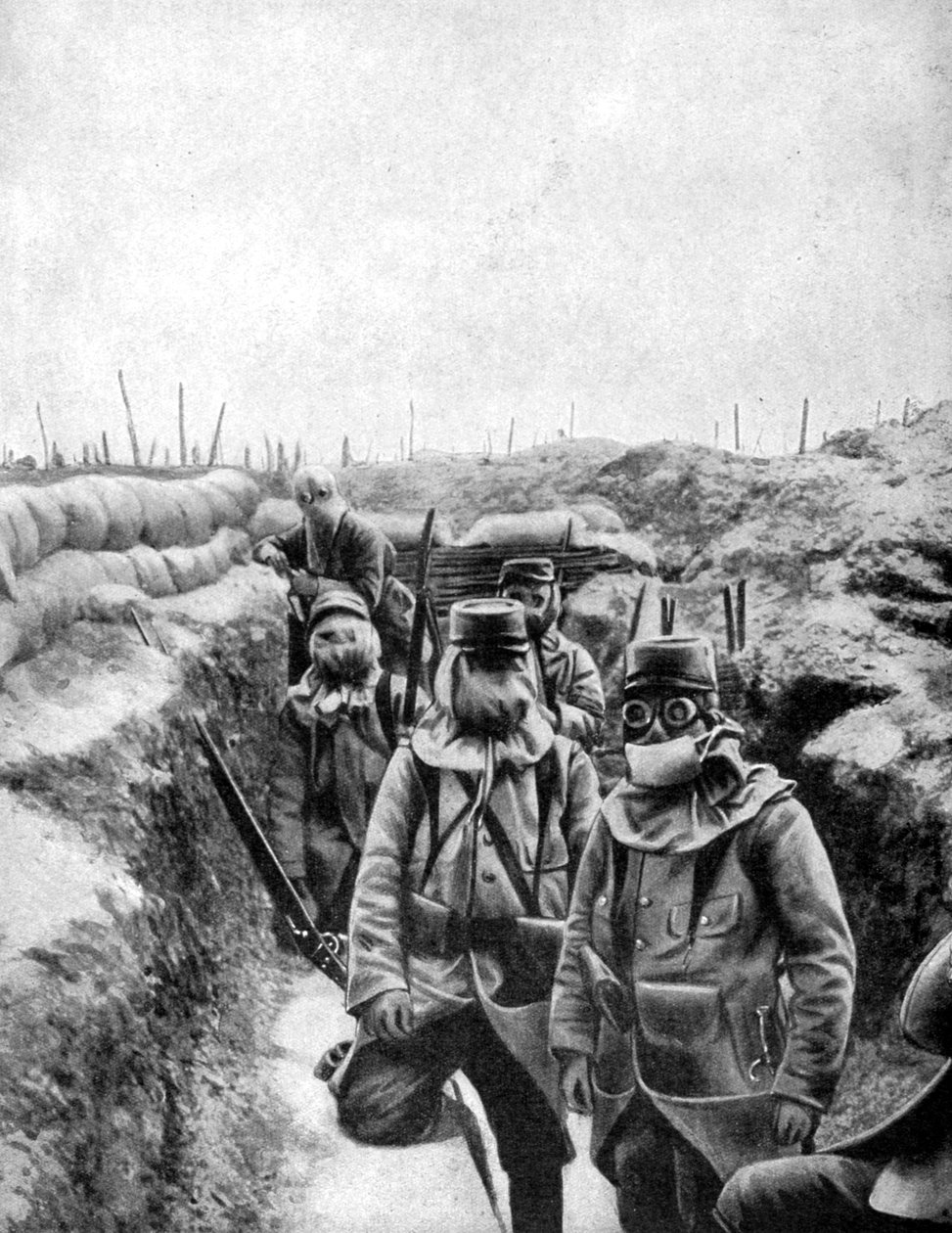 Franske soldater i improviserede gasmasker, 1915 af Unbekannt