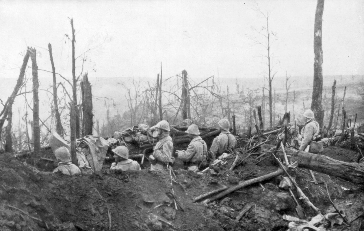 Franske soldater med udsigt over tyske stillinger, Slaget ved Malmaison, 1917 af Unbekannt