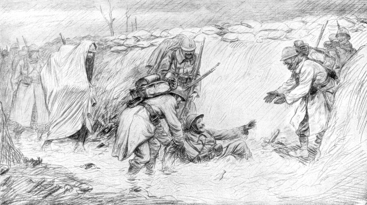 Franske soldater ser den sjove side af at falde i mudderet, Første Verdenskrig, 1916, 1926 af Unbekannt