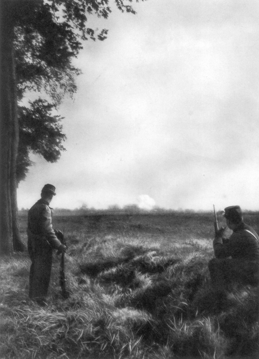 Franske soldater ser artilleriild, 1. slag ved Marne, Frankrig, 5.-12. september 1914 af Unbekannt