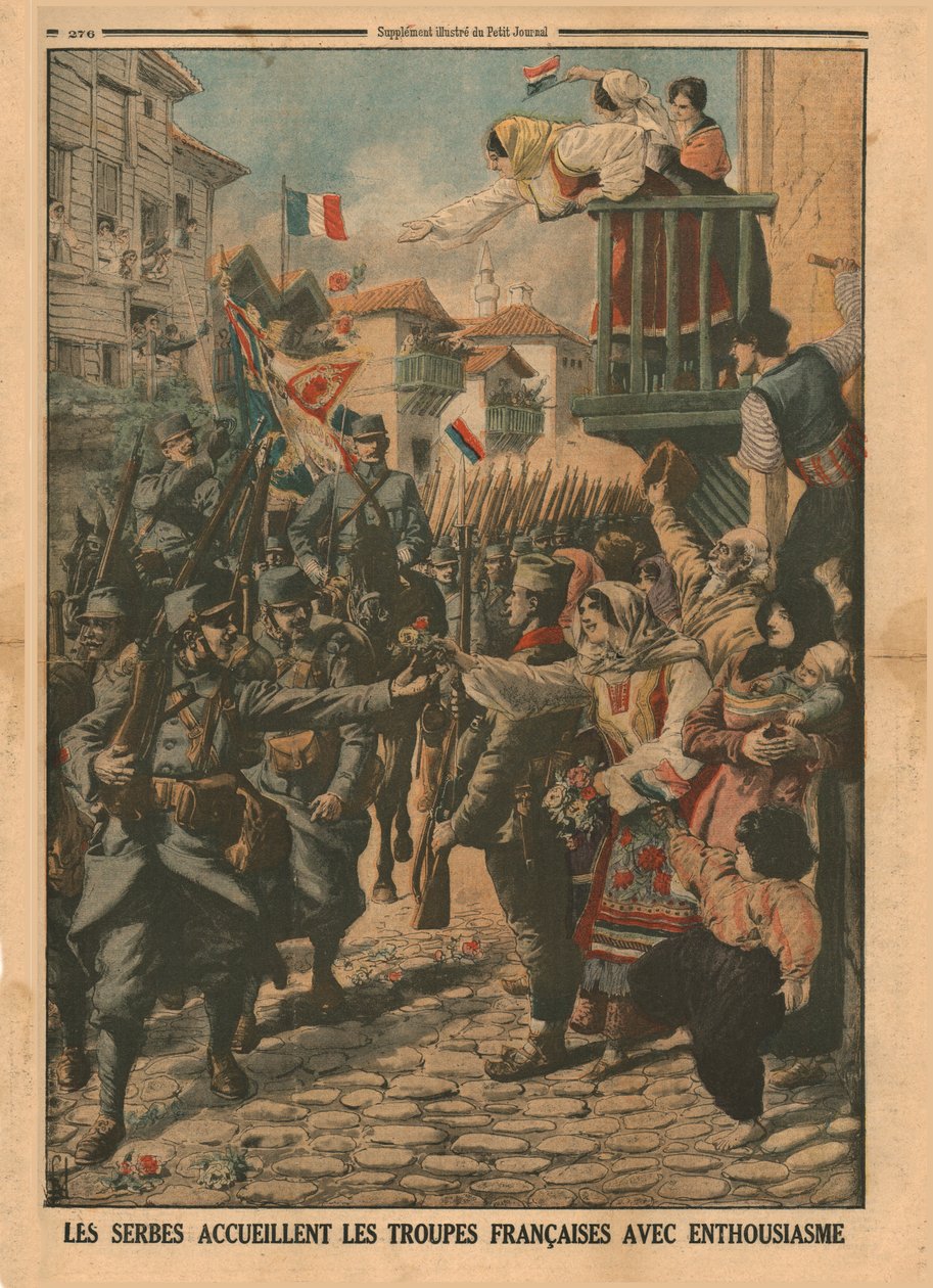 Franske tropper bliver entusiastisk budt velkommen af serberne, 1915. af Unbekannt