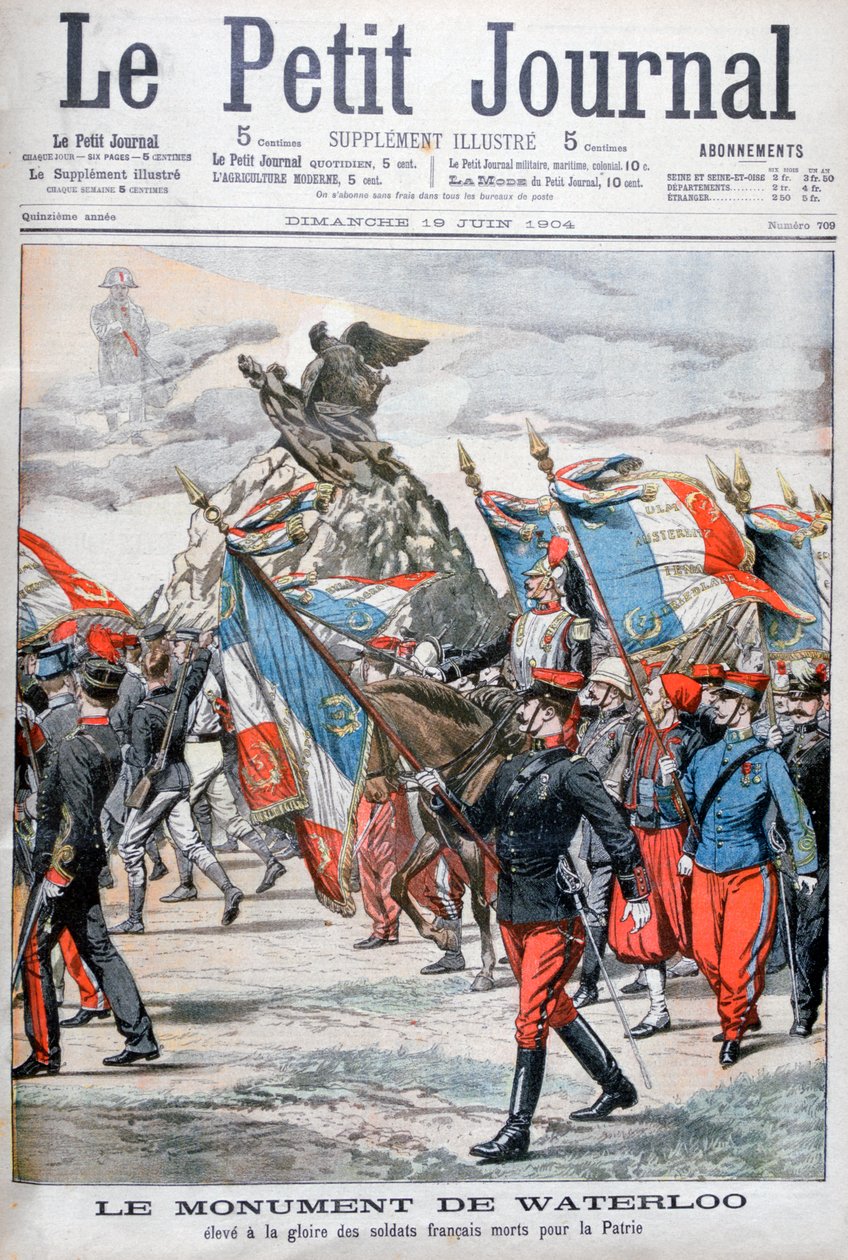 Franske tropper paraderer forbi monumentet til slaget ved Waterloo, 1904 af Unbekannt