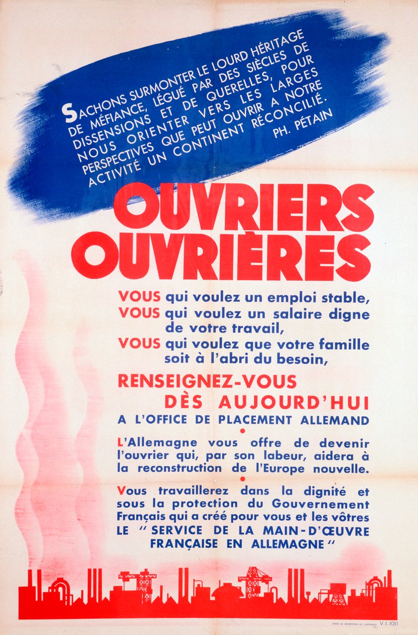 Franske arbejdere for Tyskland plakat, c1942-1944 af Unbekannt