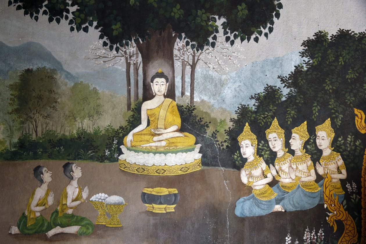 Fresko, der viser en scene fra Buddhas liv i Wat Phra Doi Suthep, Chiang Mai. Buddha modtager almisse. Thailand af Unbekannt