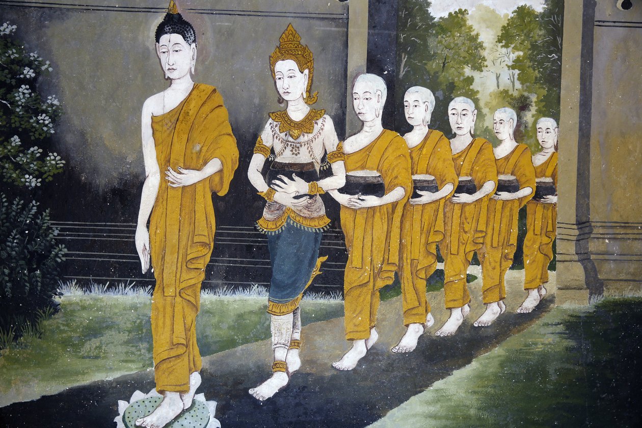 Fresko, der viser en scene fra Buddhas liv i Wat Phra Doi Suthep, Chiang Mai. Buddha og munke på en alm runde. Thailand af Unbekannt