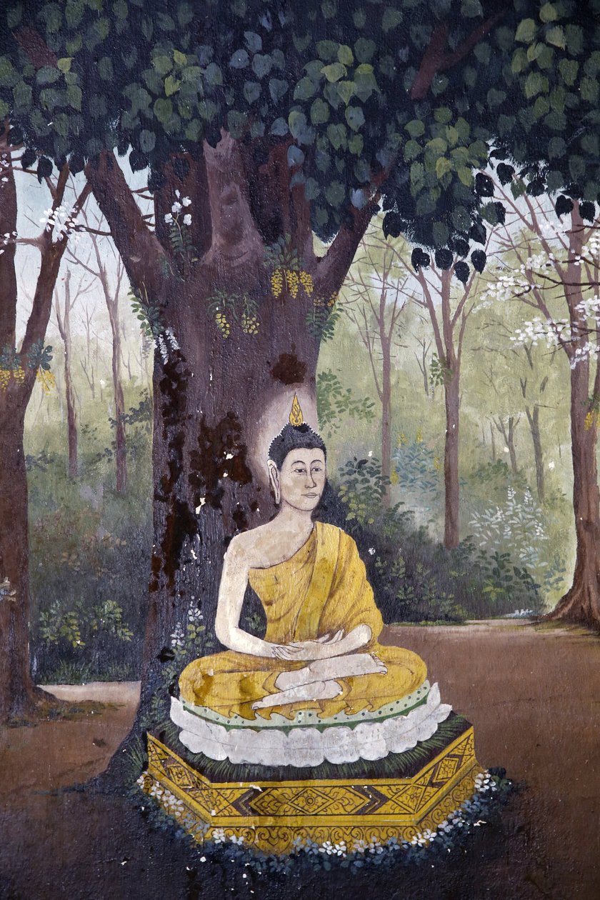 Fresko, der viser en scene fra Buddhas liv i Wat Phra Doi Suthep, Chiang Mai. Buddha mediterer under et træ. Thailand af Unbekannt