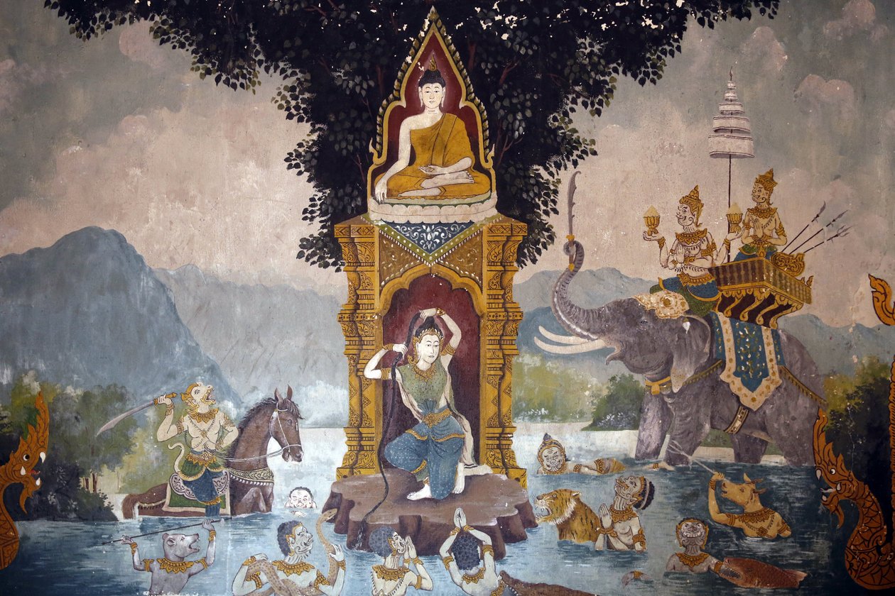 Fresko, der viser en scene fra Buddhas liv i Wat Phra Doi Suthep, Chiang Mai. Phra Mae Thorani vrider sit lange hår, og strømme af vand skaber en oversvømmelse. Thailand af Unbekannt