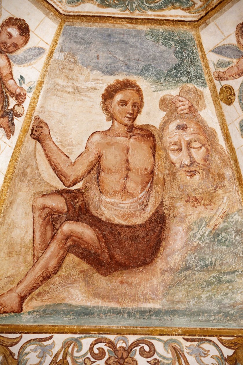 Fresko i den dominikanske kirke, Muro Leccese, Apulien: mand, der holder Johannes Døberens hoved, Muro Leccese, Italien af Unbekannt