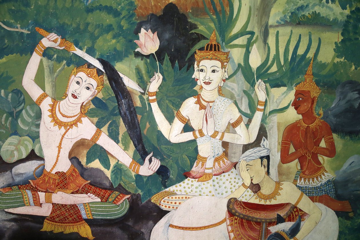 Fresco i Wat Ampharam, Hua Hin, Thailand. Buddha klipper sit hår og giver afkald på sit tidligere liv. af Unbekannt
