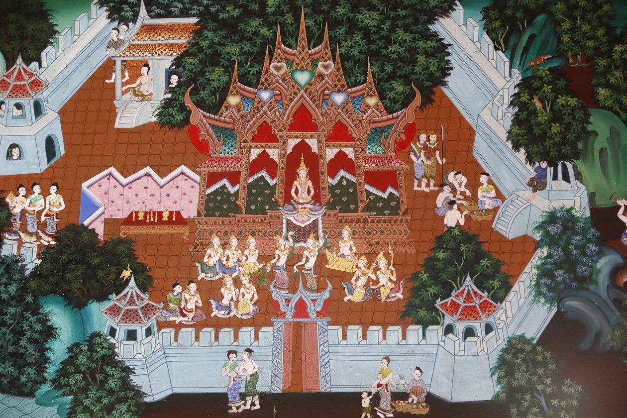 Fresker i Wat Ampharam, Hua Hin, Thailand. Temiya Jataka, også kendt som Muga-Pakkha Jataka, er et af Buddhas tidligere liv. af Unbekannt
