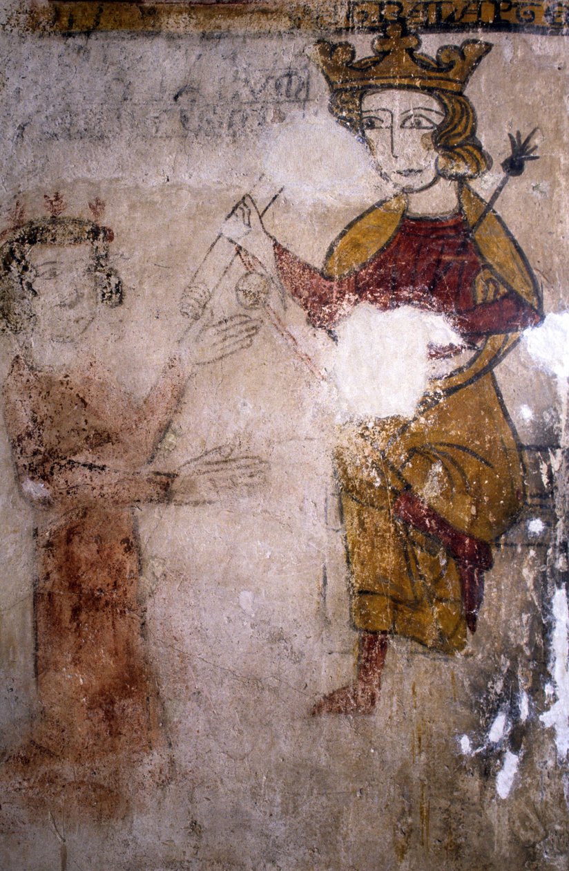 Kalkmaleri af Ferrande-tårnet i Pernes-les-Fontaines (Pernes les Fontaines, Vaucluse (84)) fra det 13. århundrede: Karl I af Anjou (1227-1285) til hvem liget af Manfred I af Sicilien eller Hohenstaufen (ca. 1232) -1266) bringes. af Unbekannt
