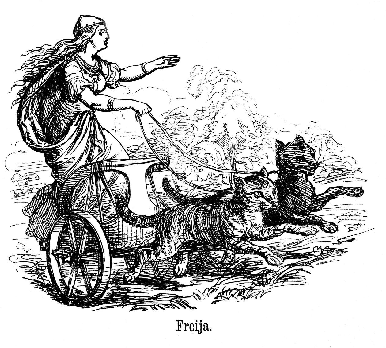 Freya Frigg kærlighedsgudinde i skandinavisk mytologi, der kører sin vogn trukket af katte af Unbekannt