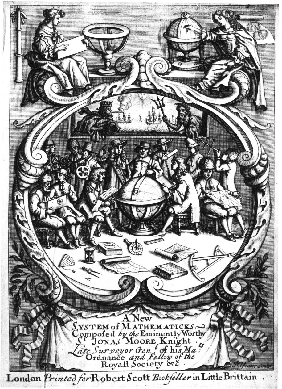 Frontispice af A New System of Mathematicks af Jonas Moore, 1681 af Unbekannt