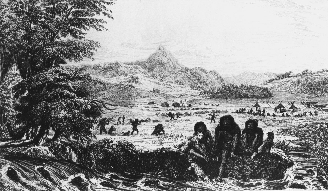 Fuegians ved Woollya, med Fitzroy-ekspeditionslejren i baggrunden, 1831 1839 af Unbekannt