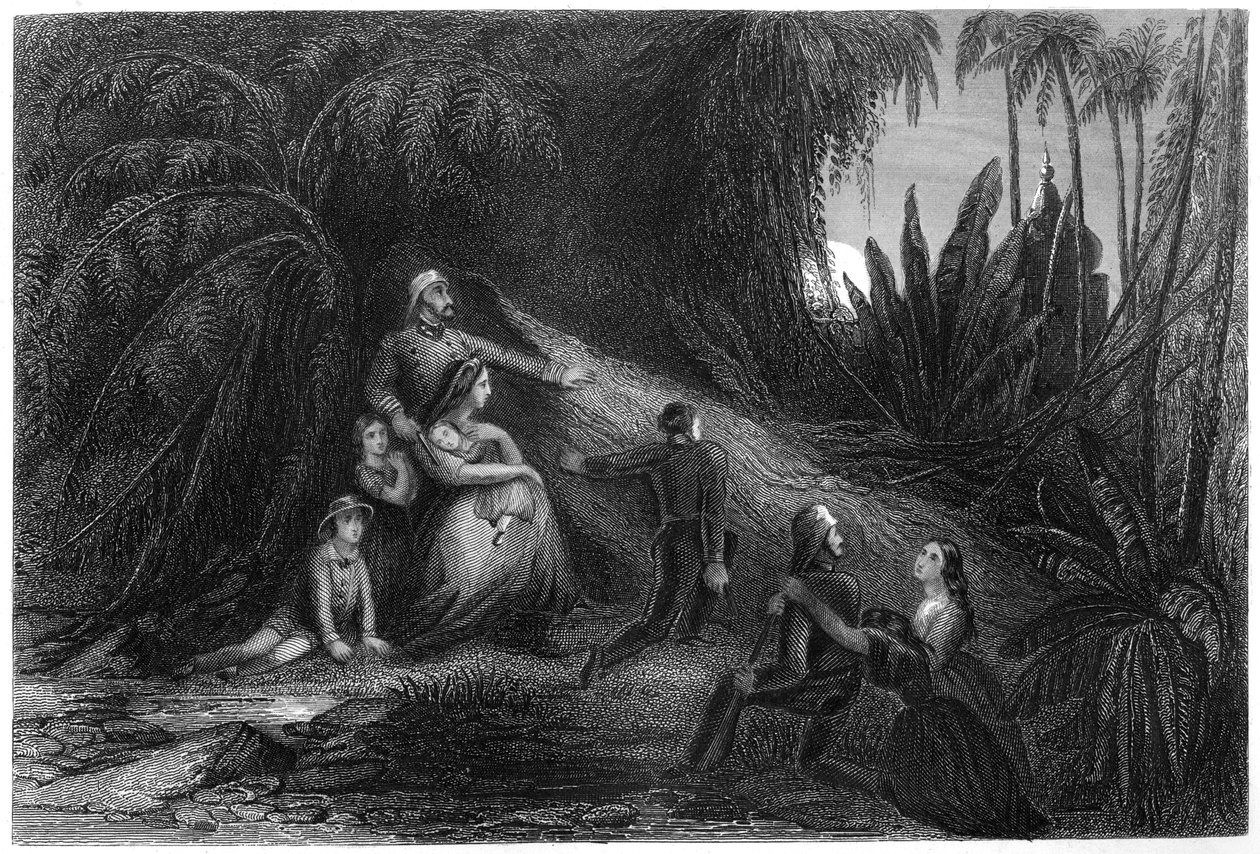 Flygtende officerer med deres familier, der skjuler sig i junglen, 1857, c1860 af Unbekannt